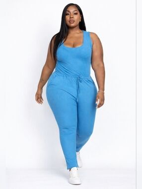 Blue Ribbed Sleeveless Jumpsuit | Stretch Waist Casual Chic
